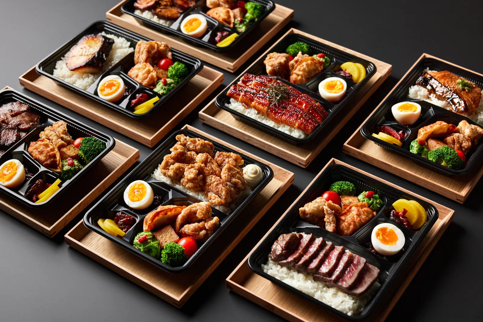 Bento boxes with karaage, grilled fish, eel and steak on wooden trays